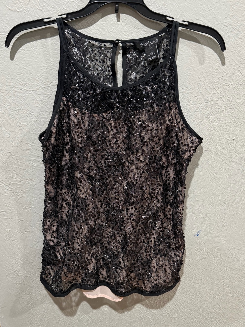 White House Black Market Black Sequin Overlay Cami with Nude Underlayer